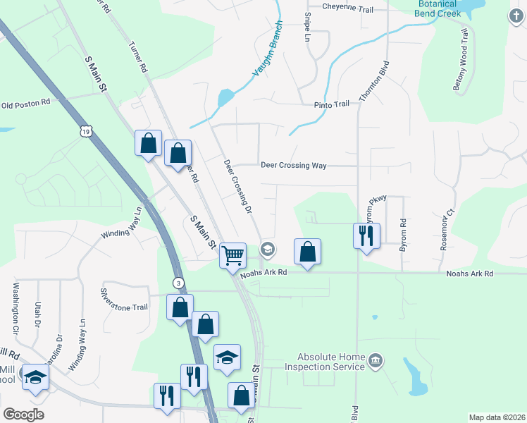 map of restaurants, bars, coffee shops, grocery stores, and more near 1653 Deer Crossing Terrace in Jonesboro