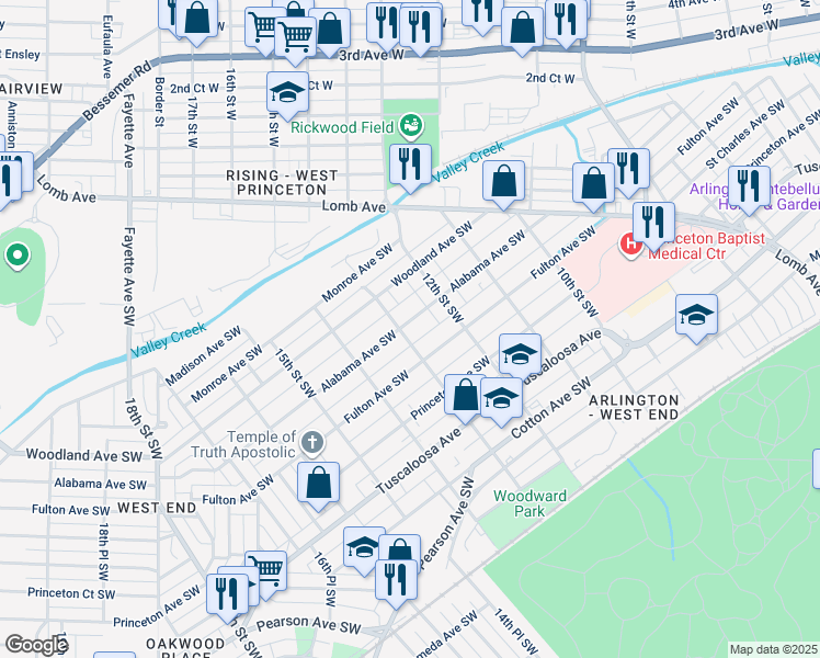 map of restaurants, bars, coffee shops, grocery stores, and more near 331 13th Street Southwest in Birmingham