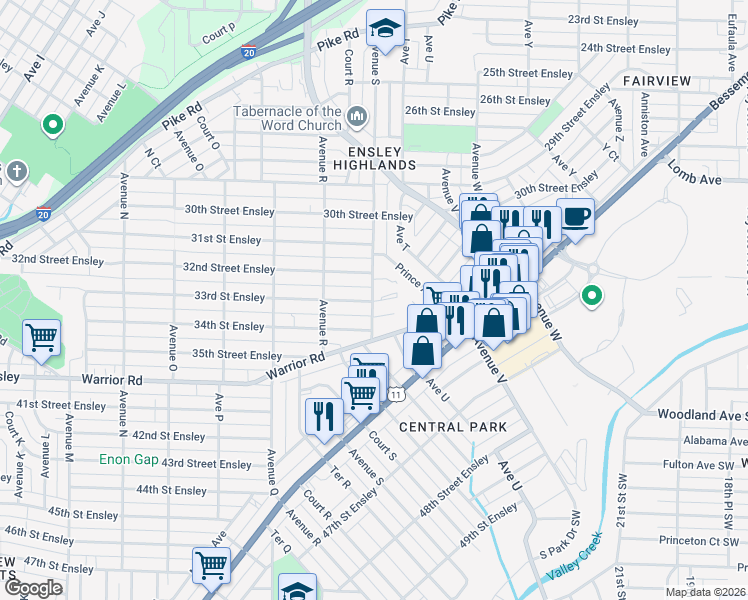map of restaurants, bars, coffee shops, grocery stores, and more near 3215 Avenue South in Birmingham