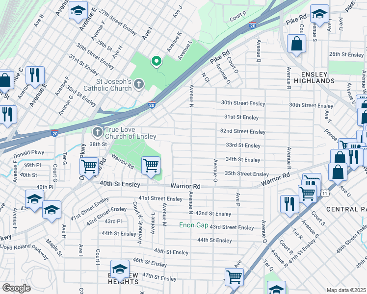 map of restaurants, bars, coffee shops, grocery stores, and more near 1313 33rd Street Ensley in Birmingham