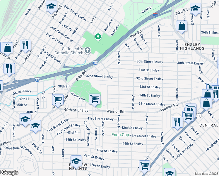 map of restaurants, bars, coffee shops, grocery stores, and more near 1313 33rd Street Ensley in Birmingham