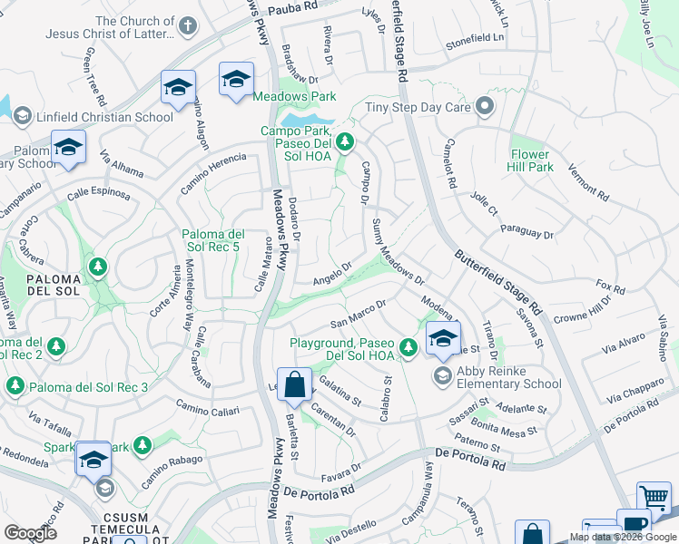 map of restaurants, bars, coffee shops, grocery stores, and more near 32488 Angelo Drive in Temecula