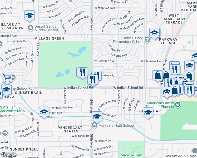 map of restaurants, bars, coffee shops, grocery stores, and more near 5807 West Monterosa Street in Phoenix