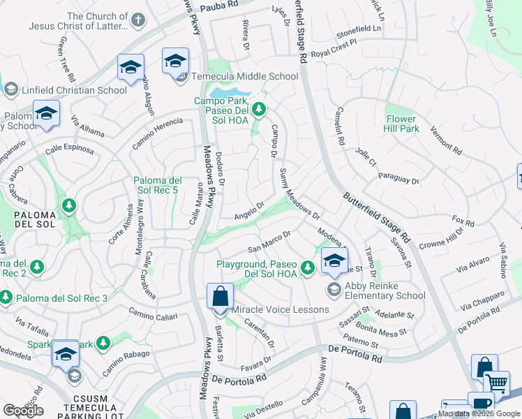map of restaurants, bars, coffee shops, grocery stores, and more near 32545 Angelo Drive in Temecula