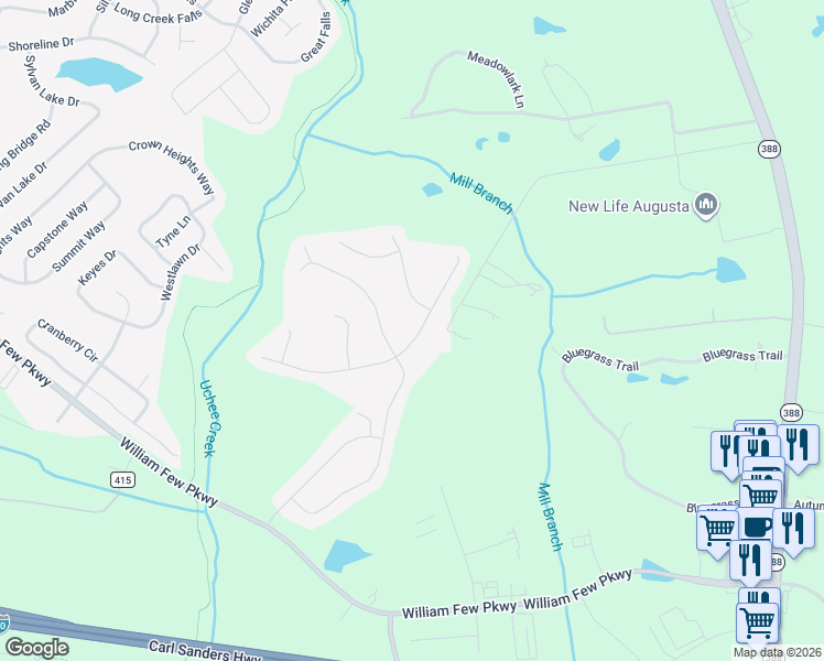 map of restaurants, bars, coffee shops, grocery stores, and more near 3919 Berkshire Way in Grovetown