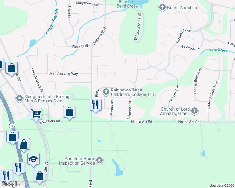 map of restaurants, bars, coffee shops, grocery stores, and more near 9470 Byrom Road in Jonesboro