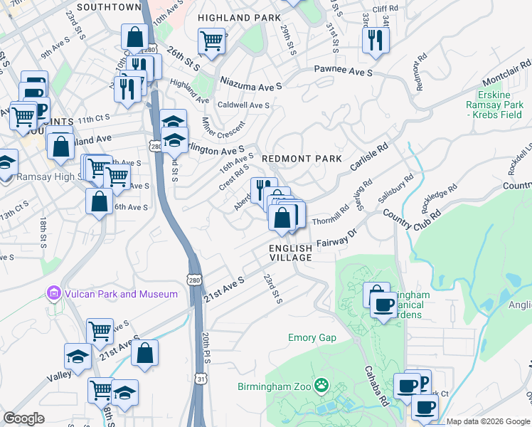 map of restaurants, bars, coffee shops, grocery stores, and more near 2630 Lanark Road in Birmingham