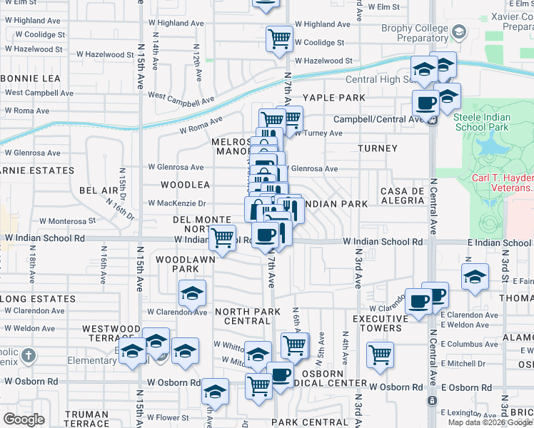 map of restaurants, bars, coffee shops, grocery stores, and more near 4135 North 7th Avenue in Phoenix