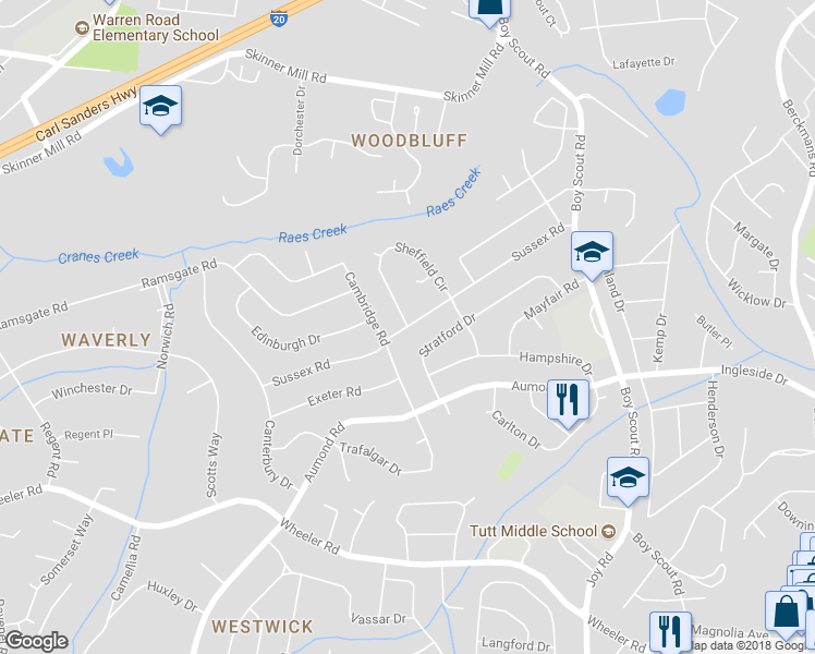 map of restaurants, bars, coffee shops, grocery stores, and more near Sussex Road in Augusta