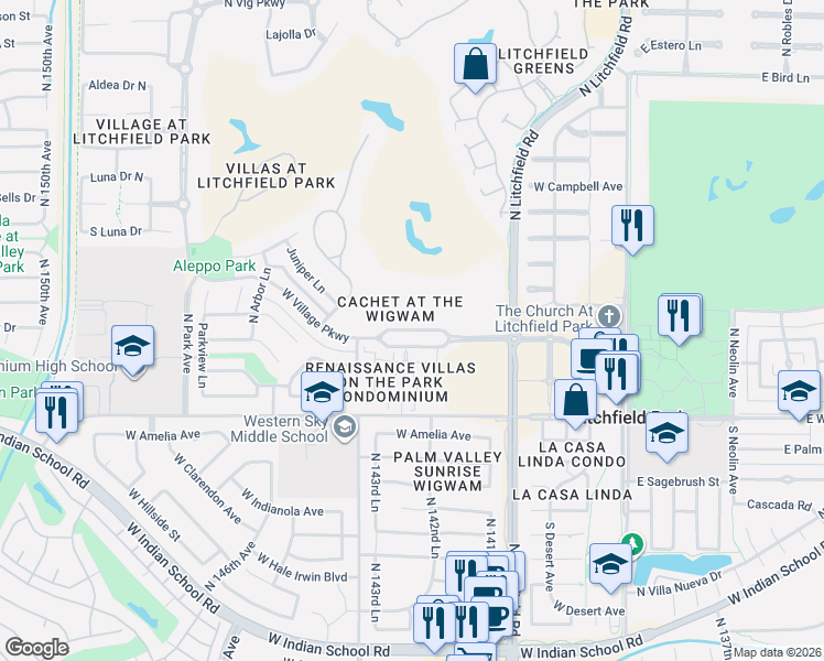 map of restaurants, bars, coffee shops, grocery stores, and more near 547 West Village Parkway in Litchfield Park