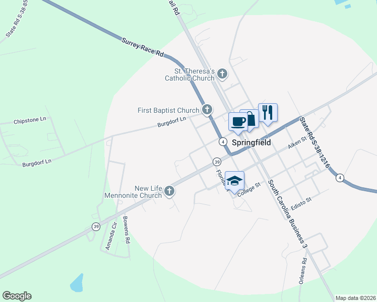 map of restaurants, bars, coffee shops, grocery stores, and more near 290 State Road S-38-223 in Springfield
