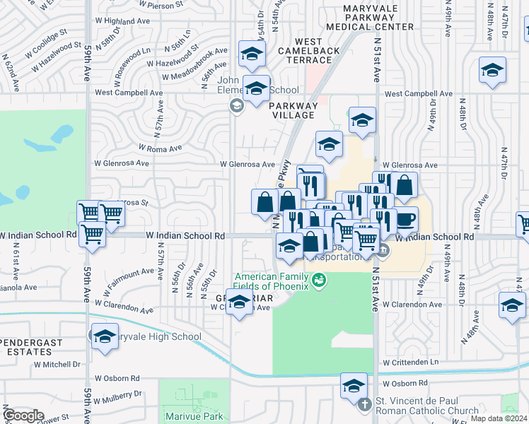 map of restaurants, bars, coffee shops, grocery stores, and more near 5454 West Indian School Road in Phoenix