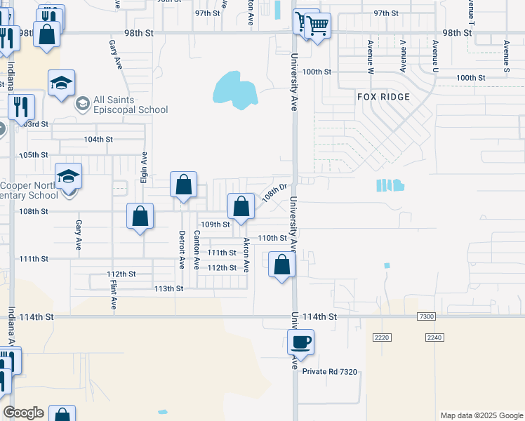 map of restaurants, bars, coffee shops, grocery stores, and more near 2523 108th Drive in Lubbock