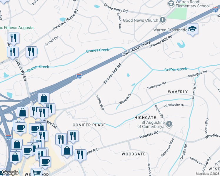 map of restaurants, bars, coffee shops, grocery stores, and more near 3230 Skinner Mill Road in Augusta