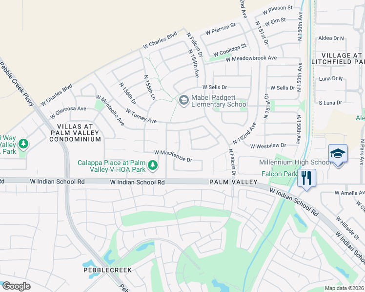 map of restaurants, bars, coffee shops, grocery stores, and more near 4296 North 154th Avenue in Goodyear