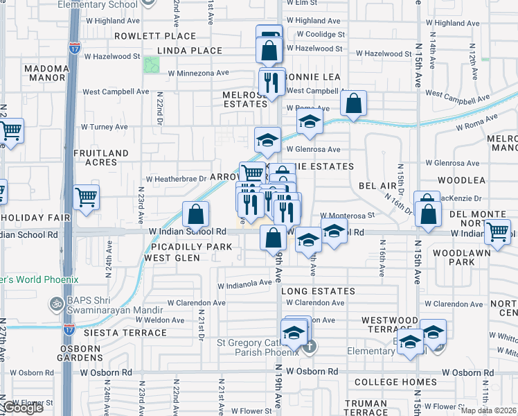 map of restaurants, bars, coffee shops, grocery stores, and more near 1940W West Indian School Road in Phoenix