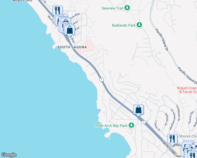 map of restaurants, bars, coffee shops, grocery stores, and more near South Coast Highway in Laguna Beach