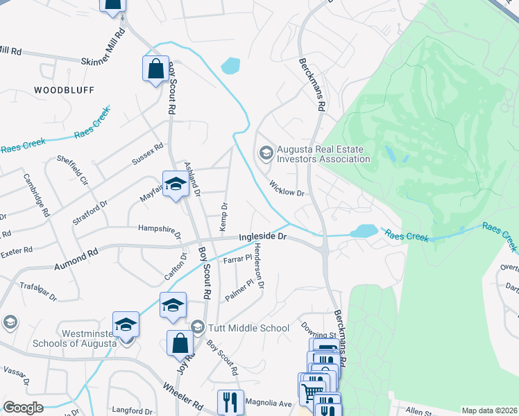 map of restaurants, bars, coffee shops, grocery stores, and more near 2713 Butler Place in Augusta