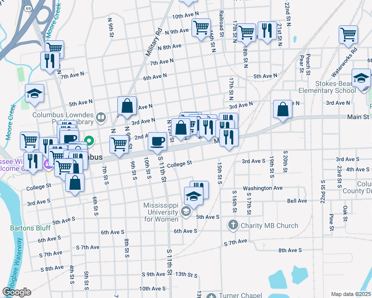 map of restaurants, bars, coffee shops, grocery stores, and more near 1201-1299 State Highway 182 in Columbus