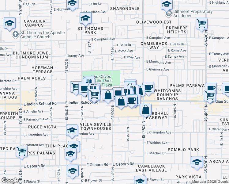 map of restaurants, bars, coffee shops, grocery stores, and more near 3033 East Devonshire Avenue in Phoenix