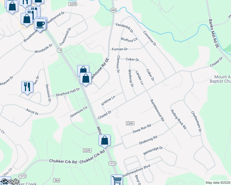 map of restaurants, bars, coffee shops, grocery stores, and more near 26 Erskine Lane in Aiken