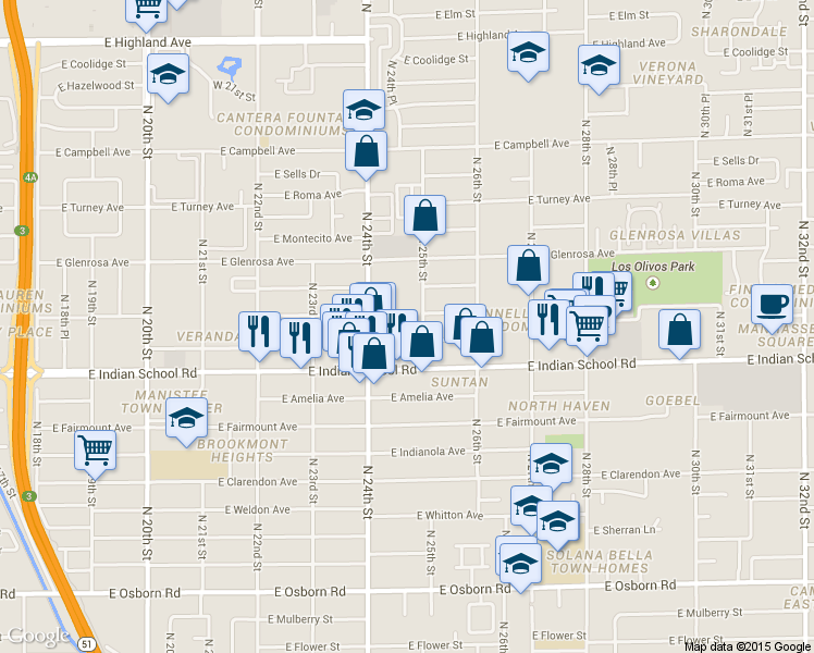 map of restaurants, bars, coffee shops, grocery stores, and more near 4150 North 25th Street in Phoenix