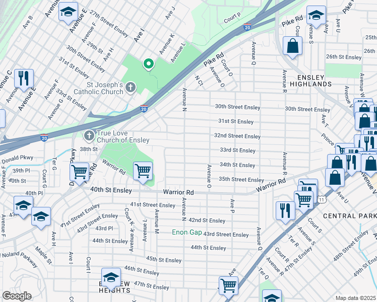 map of restaurants, bars, coffee shops, grocery stores, and more near 1405 33rd Street Ensley in Birmingham