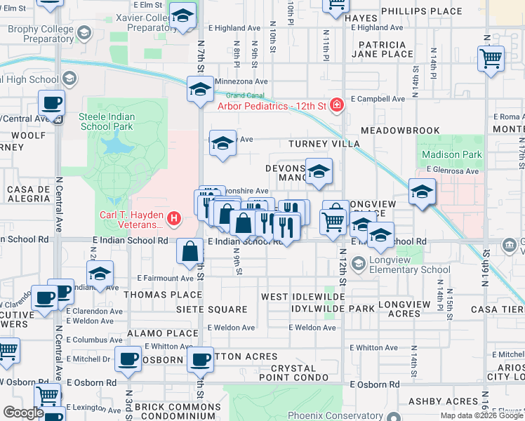 map of restaurants, bars, coffee shops, grocery stores, and more near 4201 North 9th Street in Phoenix