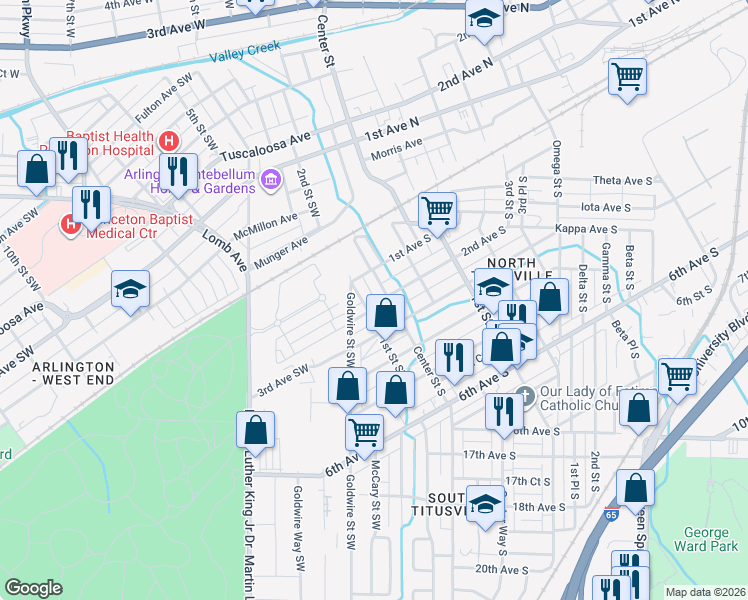 map of restaurants, bars, coffee shops, grocery stores, and more near 1 2nd Avenue South in Birmingham