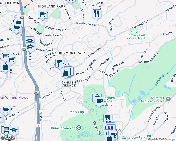 map of restaurants, bars, coffee shops, grocery stores, and more near 2909 Thornhill Road in Birmingham