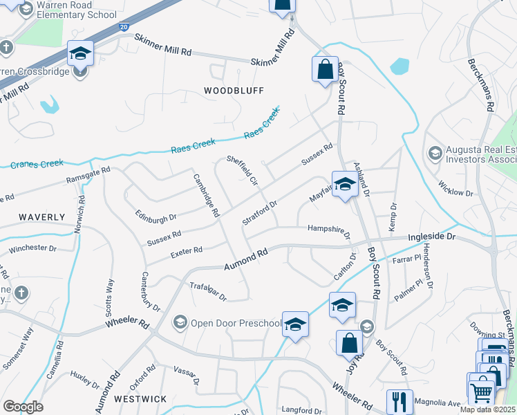 map of restaurants, bars, coffee shops, grocery stores, and more near 3006 Sussex Road in Augusta