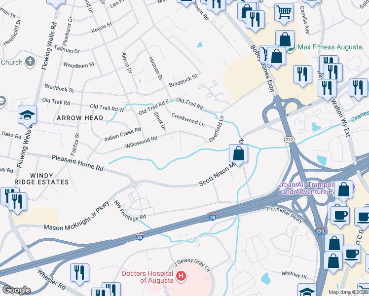 map of restaurants, bars, coffee shops, grocery stores, and more near 256 Willowood Court in Augusta