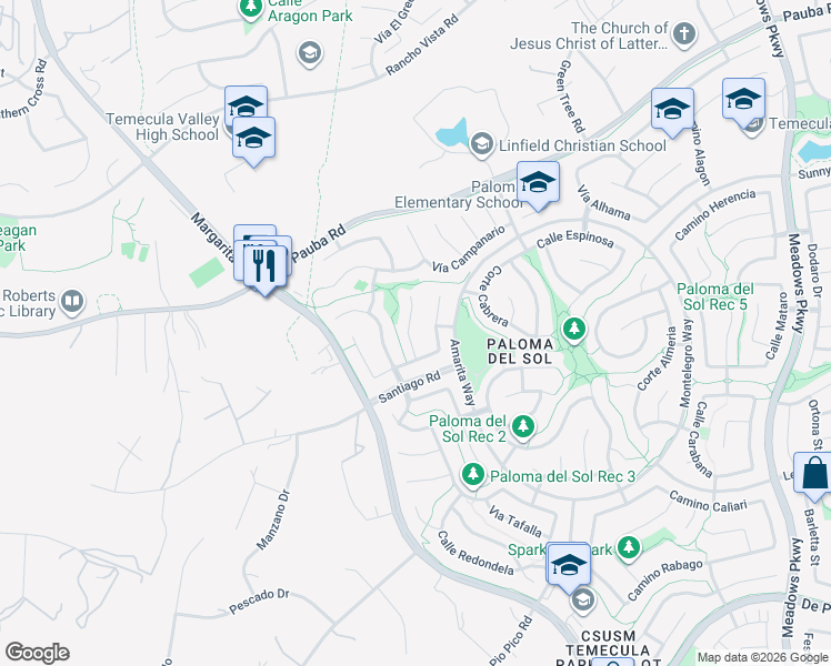 map of restaurants, bars, coffee shops, grocery stores, and more near 43164 Corte Calanda in Temecula