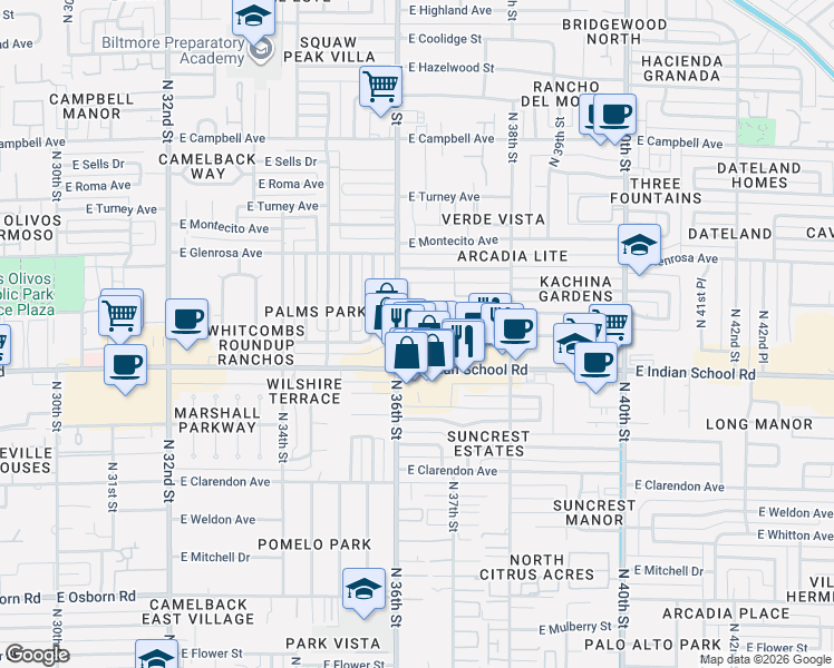 map of restaurants, bars, coffee shops, grocery stores, and more near 3619 East Monterosa Street in Phoenix