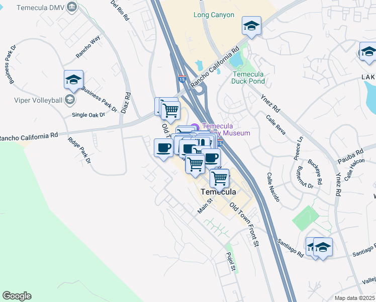 map of restaurants, bars, coffee shops, grocery stores, and more near 28410 Mercedes Street in Temecula