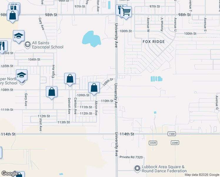 map of restaurants, bars, coffee shops, grocery stores, and more near 2505 108th Place in Lubbock