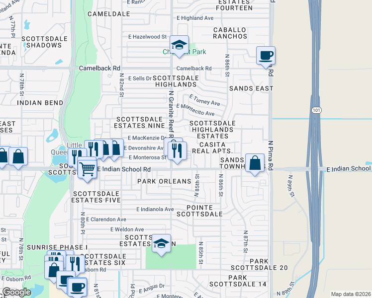 map of restaurants, bars, coffee shops, grocery stores, and more near 8564 East Indian School Road in Scottsdale