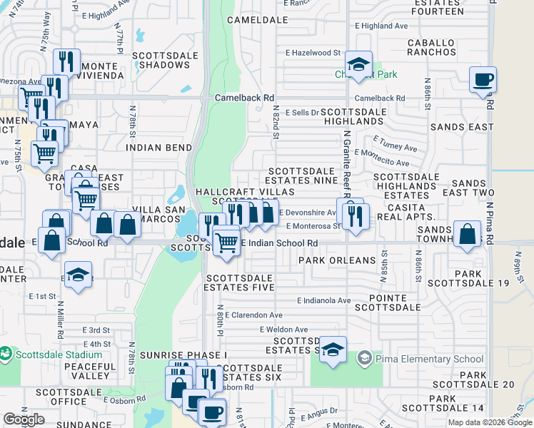 map of restaurants, bars, coffee shops, grocery stores, and more near 8206 East Devonshire Avenue in Scottsdale