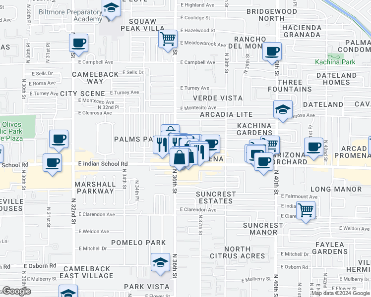 map of restaurants, bars, coffee shops, grocery stores, and more near 4131 North 36th Street in Phoenix