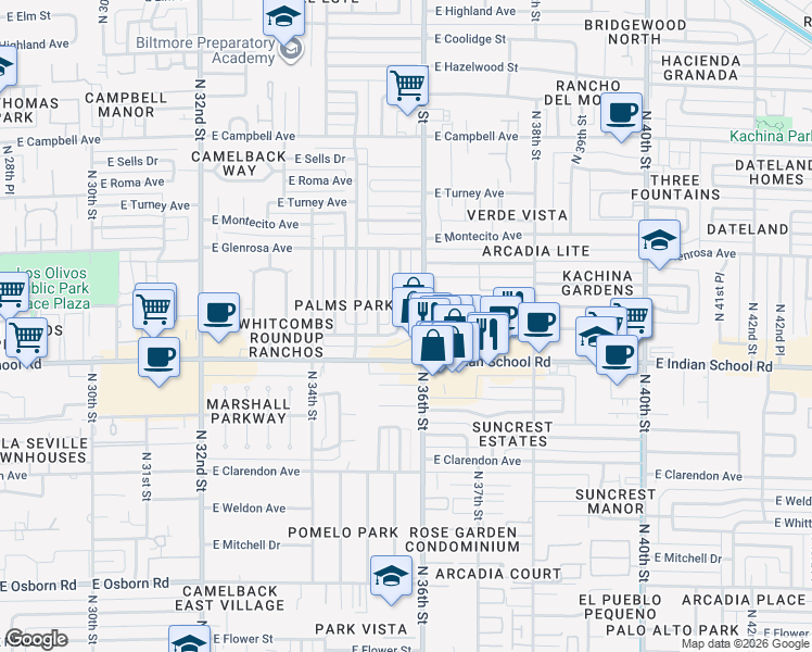 map of restaurants, bars, coffee shops, grocery stores, and more near 4135 North 35th Way in Phoenix