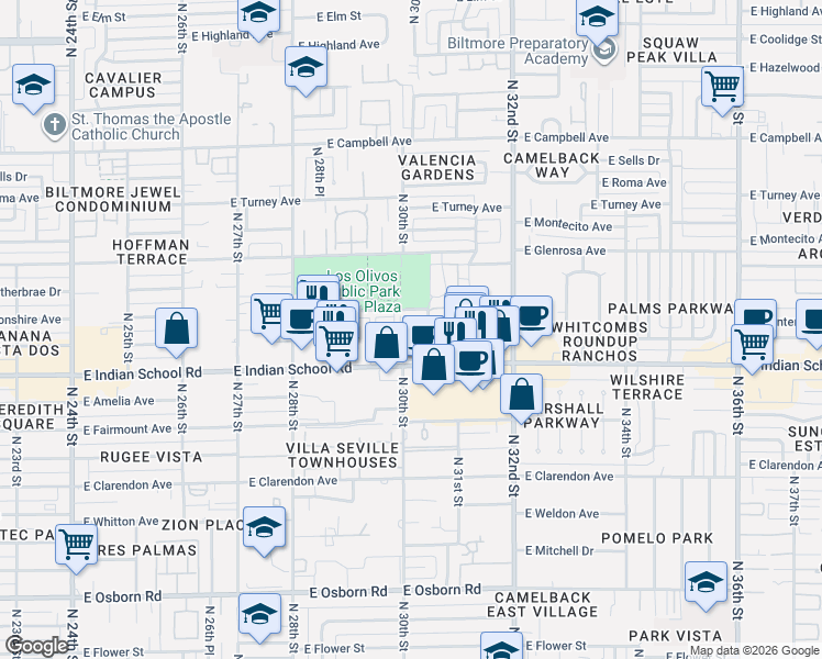 map of restaurants, bars, coffee shops, grocery stores, and more near 3033 East Devonshire Avenue in Phoenix