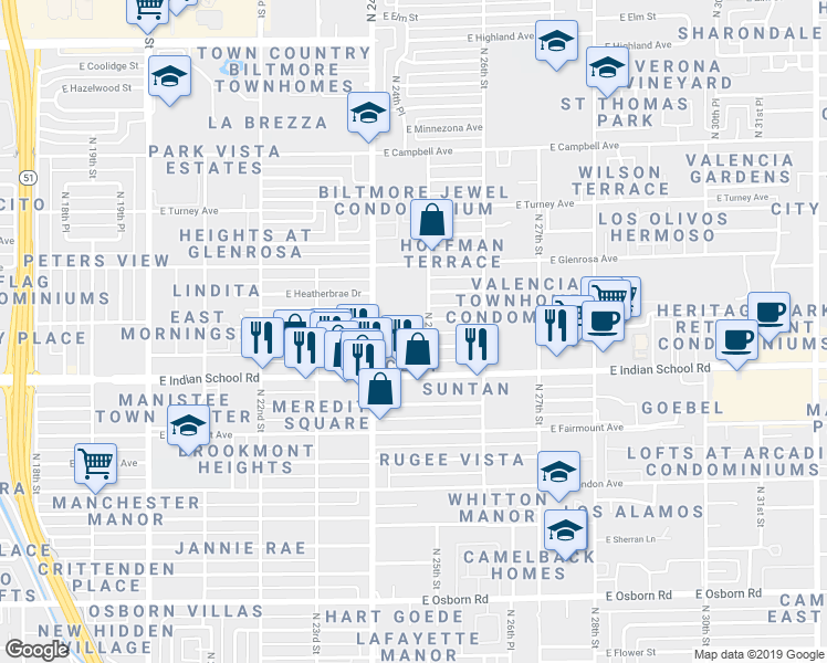 map of restaurants, bars, coffee shops, grocery stores, and more near 4142 North 25th Street in Phoenix
