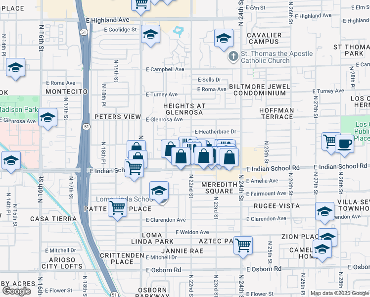 map of restaurants, bars, coffee shops, grocery stores, and more near 4120 North 22nd Street in Phoenix