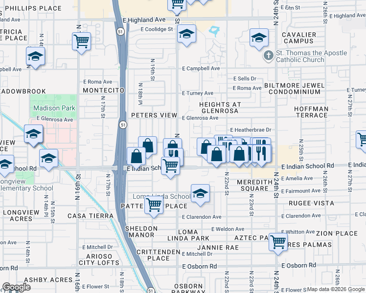 map of restaurants, bars, coffee shops, grocery stores, and more near 4144 North 21st Street in Phoenix