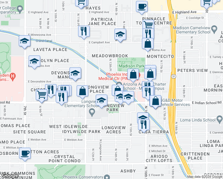 map of restaurants, bars, coffee shops, grocery stores, and more near 1302 East Devonshire Avenue in Phoenix