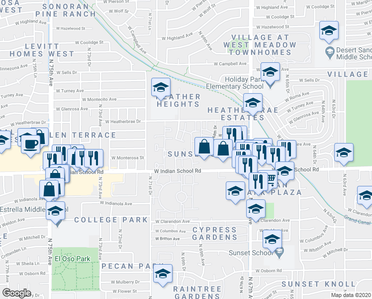 map of restaurants, bars, coffee shops, grocery stores, and more near 4175 North Monterosa Circle in Phoenix