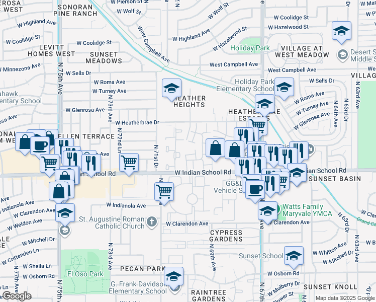 map of restaurants, bars, coffee shops, grocery stores, and more near 6935 West Devonshire Avenue in Phoenix