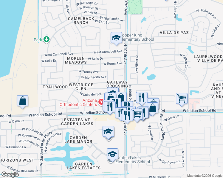 map of restaurants, bars, coffee shops, grocery stores, and more near 4215 North 107th Lane in Phoenix