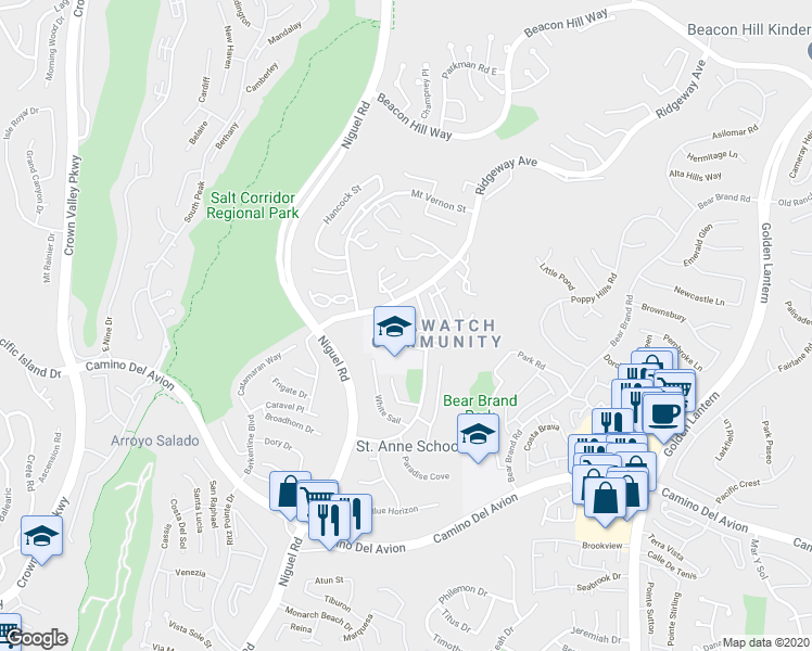 map of restaurants, bars, coffee shops, grocery stores, and more near 17 Dover Place in Laguna Niguel