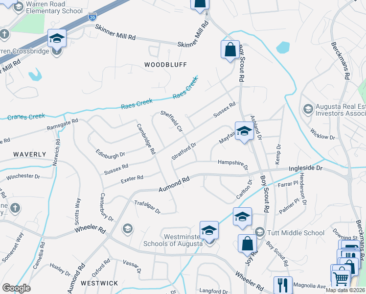 map of restaurants, bars, coffee shops, grocery stores, and more near 3006 Sussex Road in Augusta